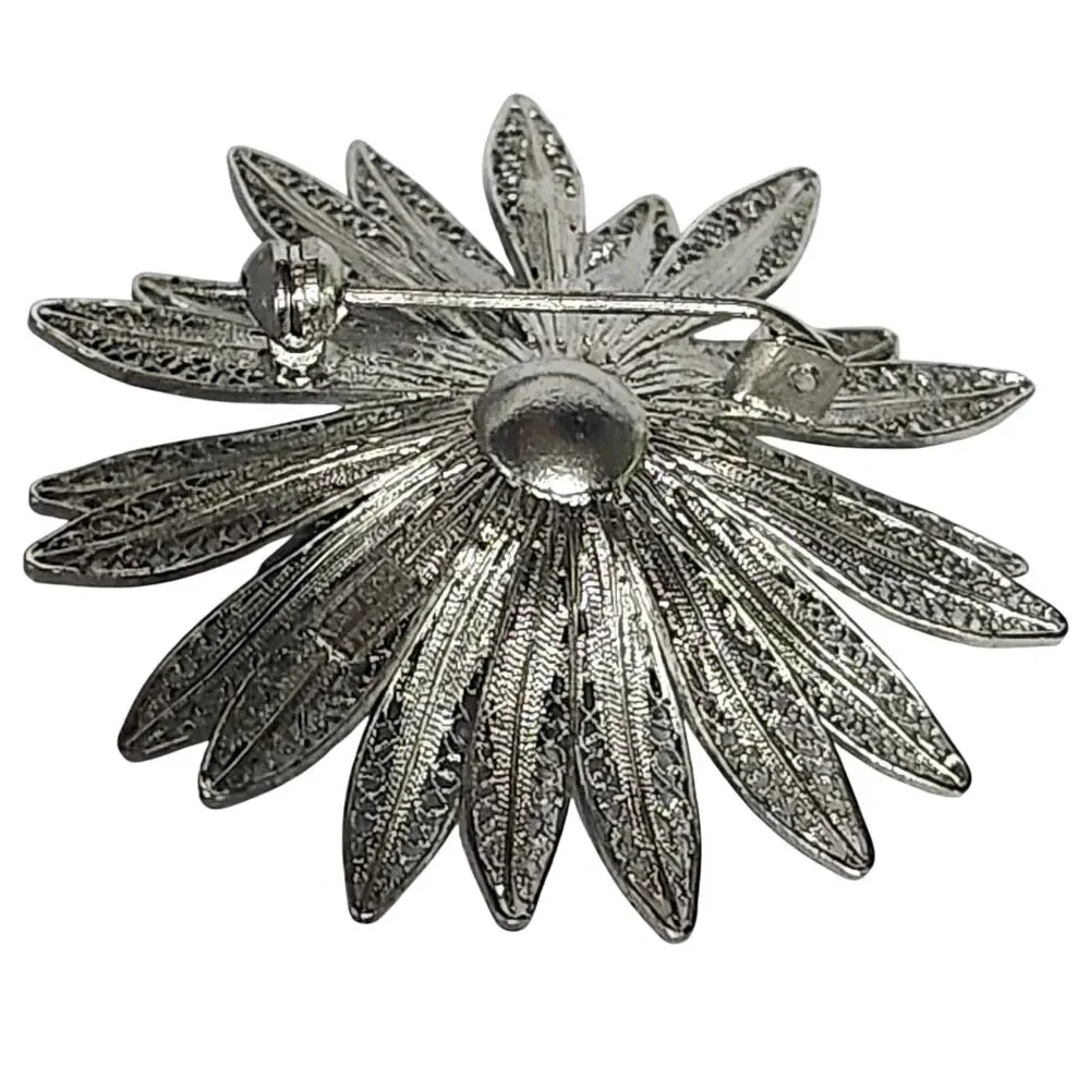 Vintage Van Lou Sterling Silver Filigree Flower Large Statement Pin Brooch